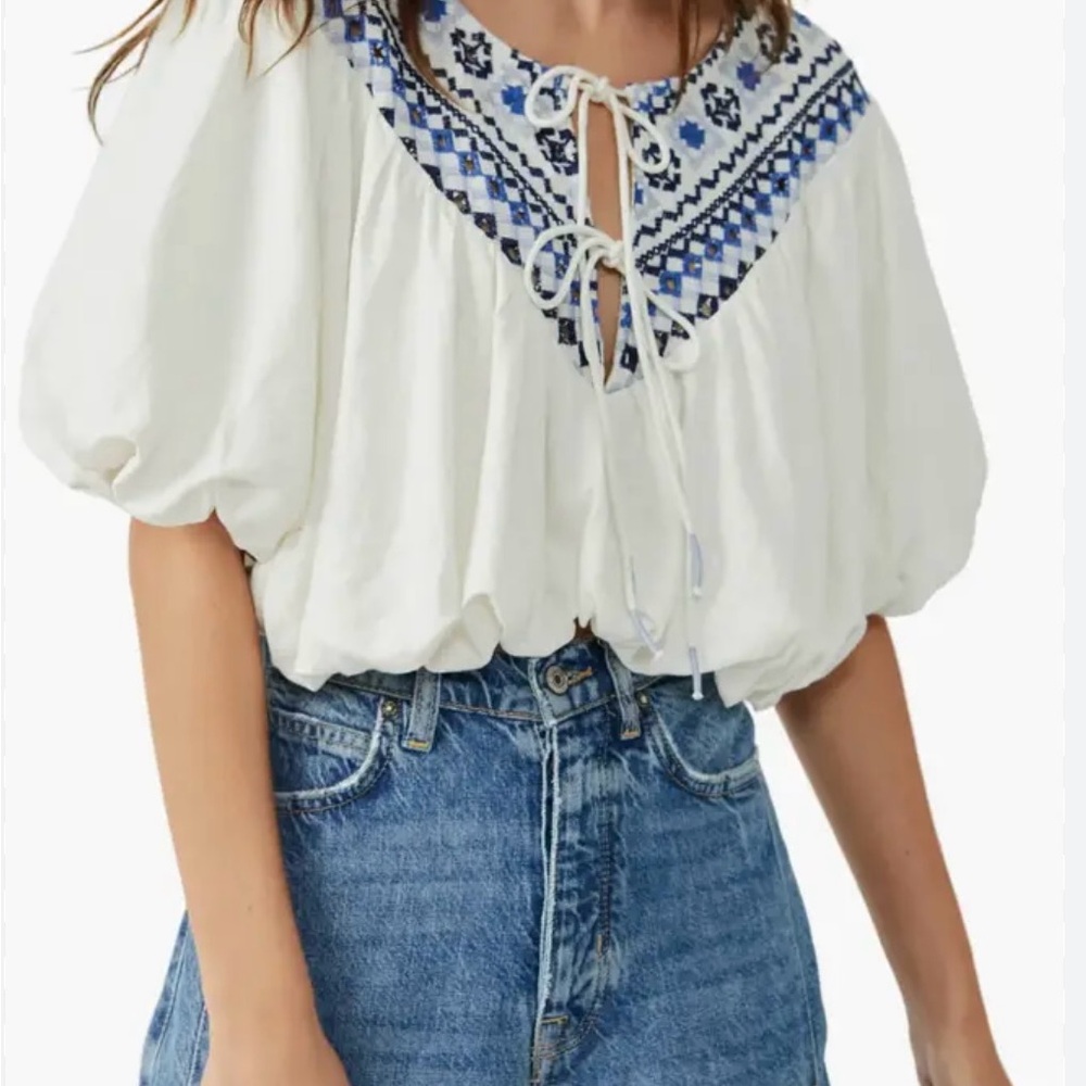 Free People Joni White and Blue Tie Front Puff Sleeve Blouse